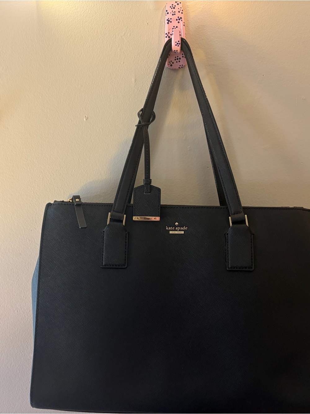 kate spade Black Leather Shoulder Tote with Gold Accent